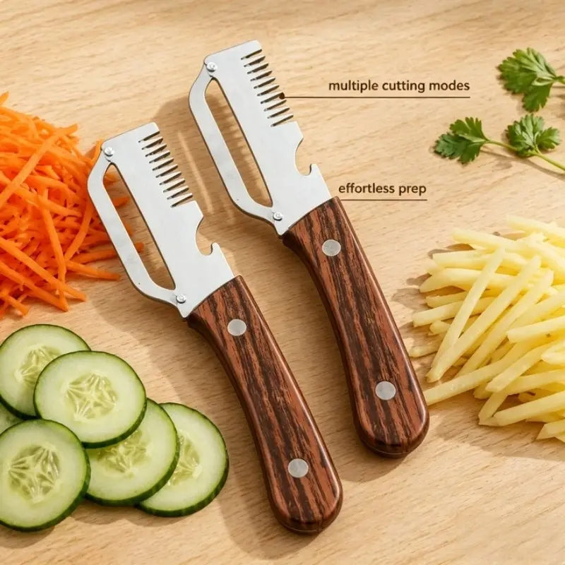 3-in-1 Stainless Steel Peeler Knife – Fruit & Vegetable Slicer with Wooden Handle & Bottle Opener