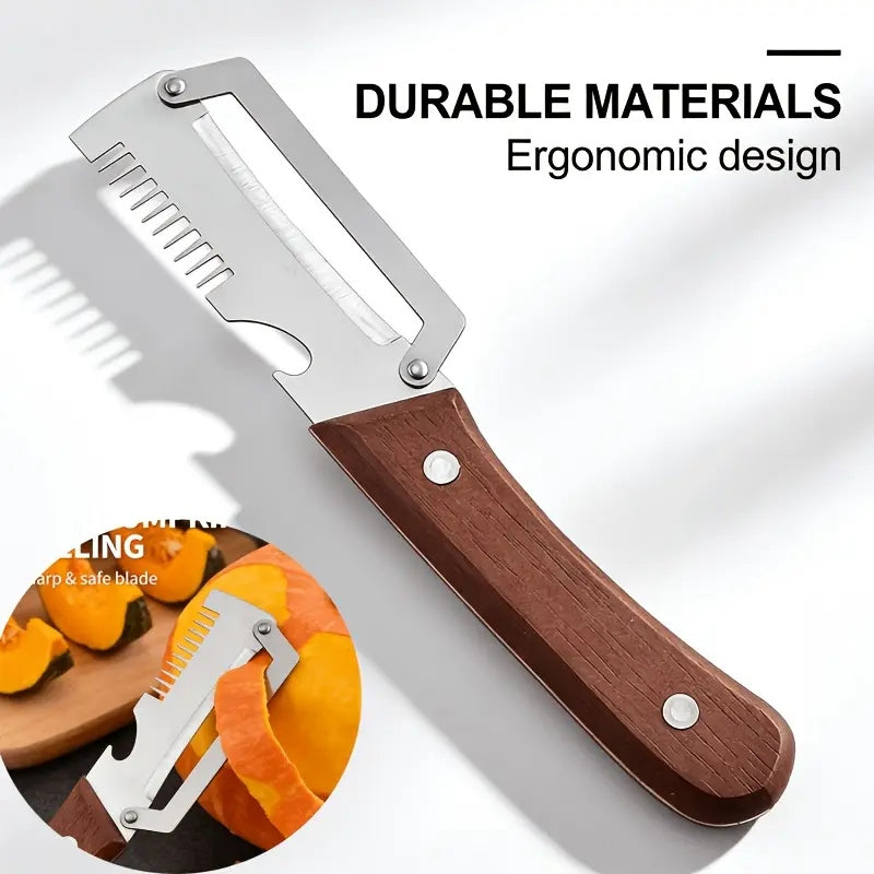3-in-1 Stainless Steel Peeler Knife – Fruit & Vegetable Slicer with Wooden Handle & Bottle Opener