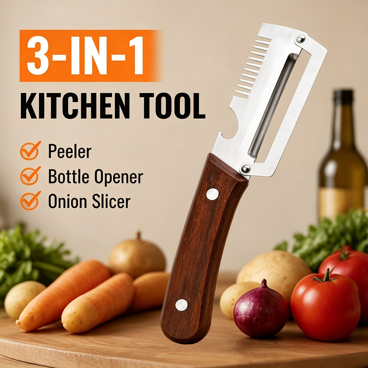 3-in-1 Stainless Steel Peeler Knife – Fruit & Vegetable Slicer with Wooden Handle & Bottle Opener