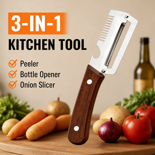3-in-1 Stainless Steel Peeler Knife – Fruit & Vegetable Slicer with Wooden Handle & Bottle Opener