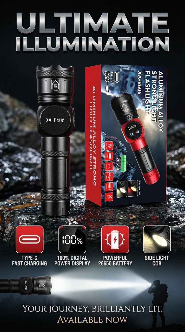 XA-B606 Rechargeable LED Flashlight – Aluminum Alloy Torch with Digital Power Display