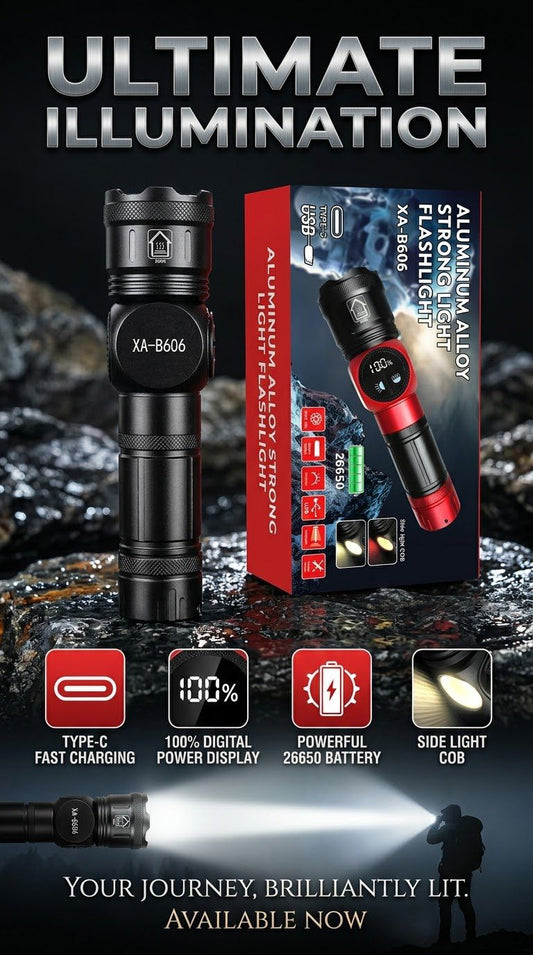 XA-B606 Rechargeable LED Flashlight – Aluminum Alloy Torch with Digital Power Display